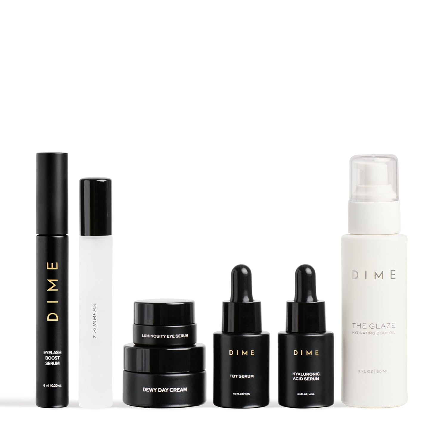 DIME Beauty Icons Collection - Travel Size Skincare Discovery Set with 7 Summers Perfume, Eyelash Boost Serum, Luminosity Eye, Glaze Body Oil, Hyaluronic Acid, Dewy Day Cream and TBT Serum