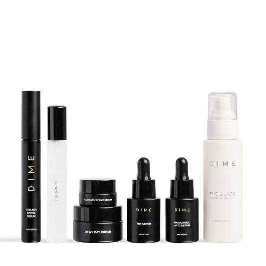 DIME Beauty Icons Collection - Travel Size Skincare Discovery Set with 7 Summers Perfume, Eyelash Boost Serum, Luminosity Eye, Glaze Body Oil, Hyaluronic Acid, Dewy Day Cream and TBT Serum