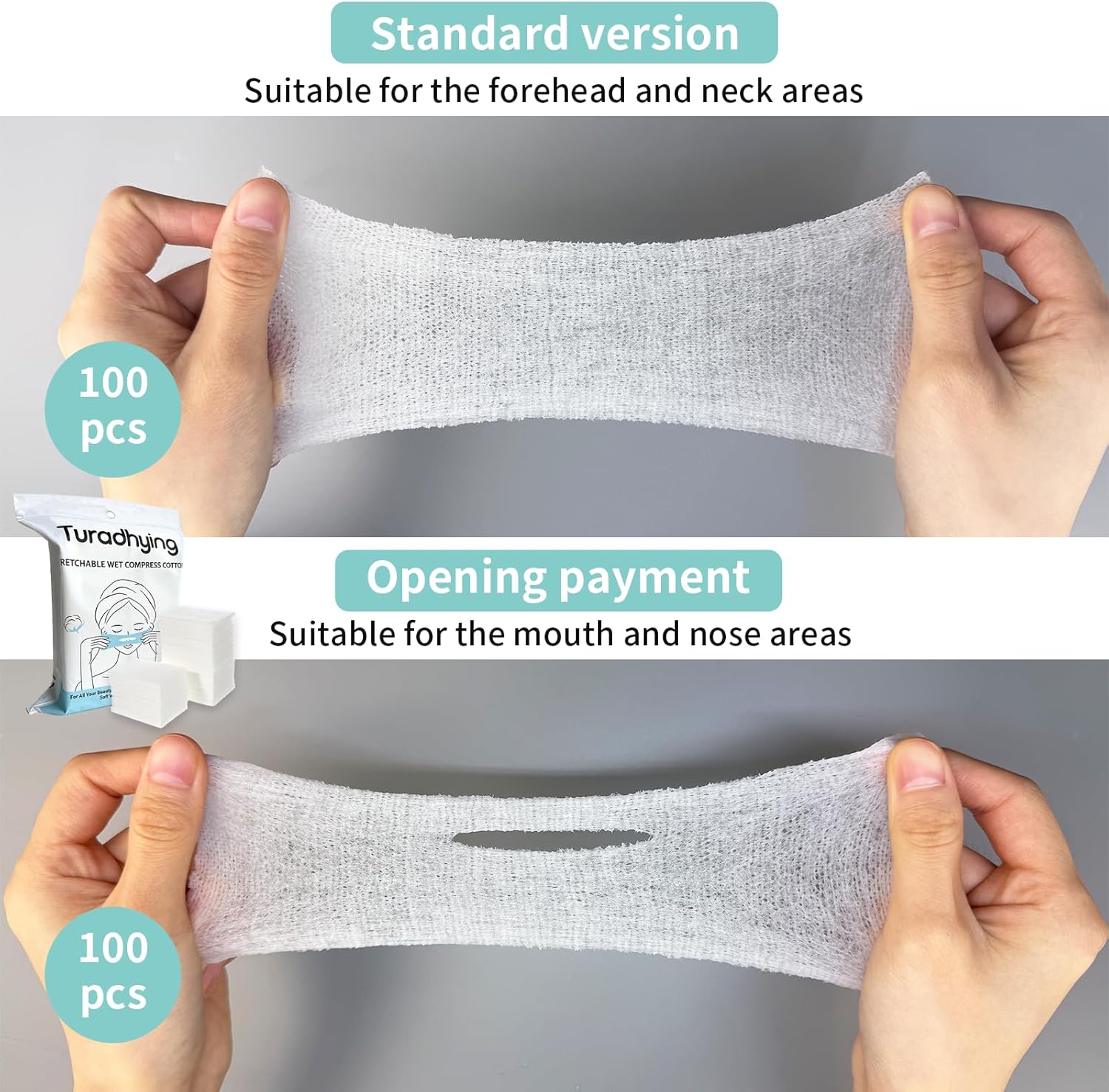 Stretchable Cotton Pads 200 Count - 100 with Nose & Mouth Opening + 100 Solid - for Face, Toner, Makeup & DIY Mask (3.9x4.7in, Pack of 1)