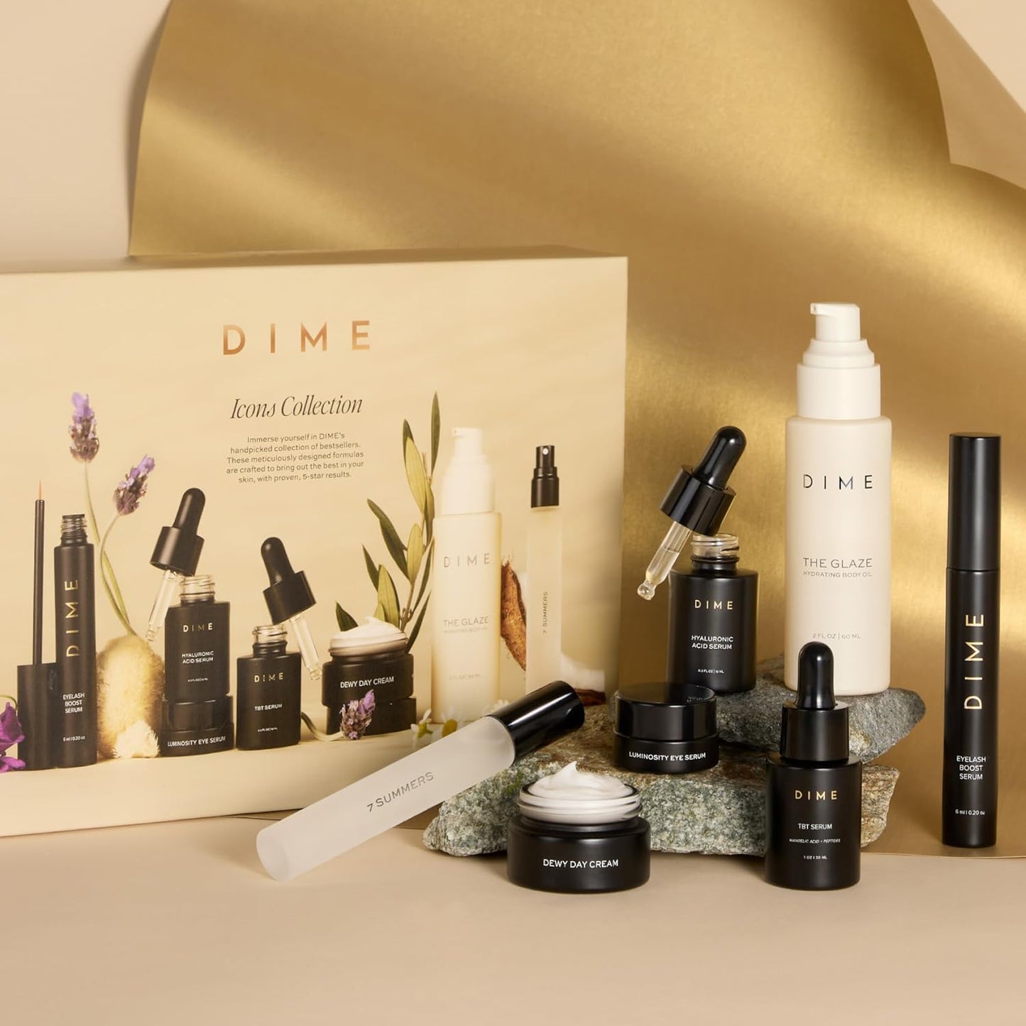 DIME Beauty Icons Collection - Travel Size Skincare Discovery Set with 7 Summers Perfume, Eyelash Boost Serum, Luminosity Eye, Glaze Body Oil, Hyaluronic Acid, Dewy Day Cream and TBT Serum